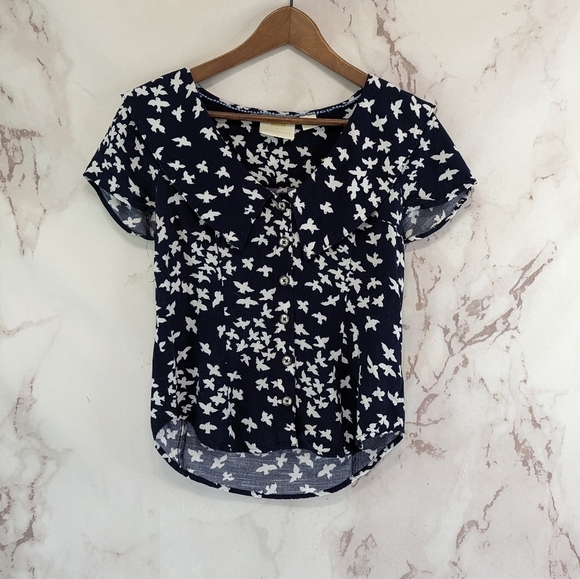 Anthropologie Top Women XS 0 Blue Bird Print Collar Crop Swallow Maeve - Picture 1 of 10